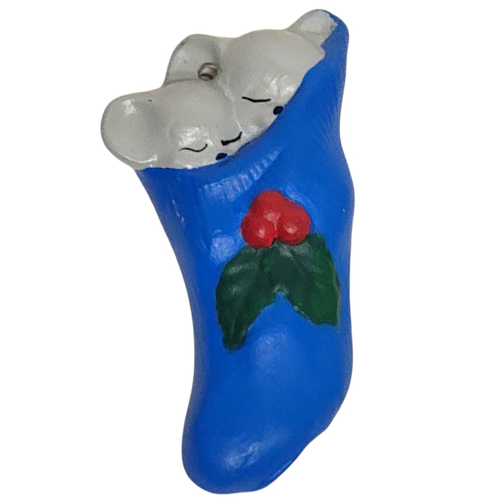 Mice In Stocking Christmas Ornament Ceramic Bisque Hand Painted Mouse Holiday
